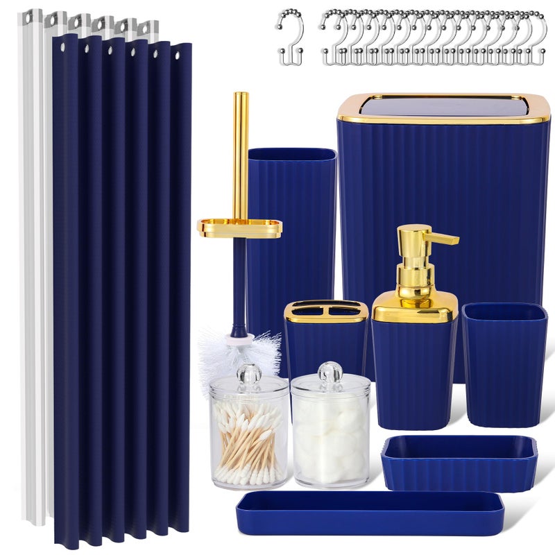 Viowil Navy Blue Bathroom Set, 23 PCS Bathroom Accessories Set with Shower Curtains, Trash Can, Toothbrush Holder, Soap Dispensers, Toothbrush Cup, Vanity Tray, Soap Dish, Toilet Brush, Qtip Holders - Image 1